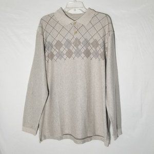 Haggar Clothing Mens XL Long Sleeve Argyle Heather Gray Oatmeal Collard Sweater